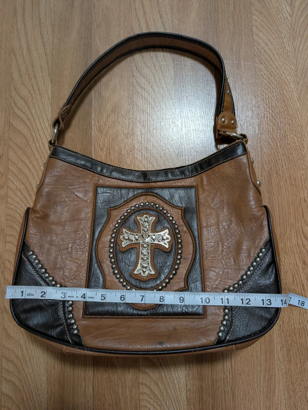 Y2K Women's Brown Embellished Cross Hobo Bag